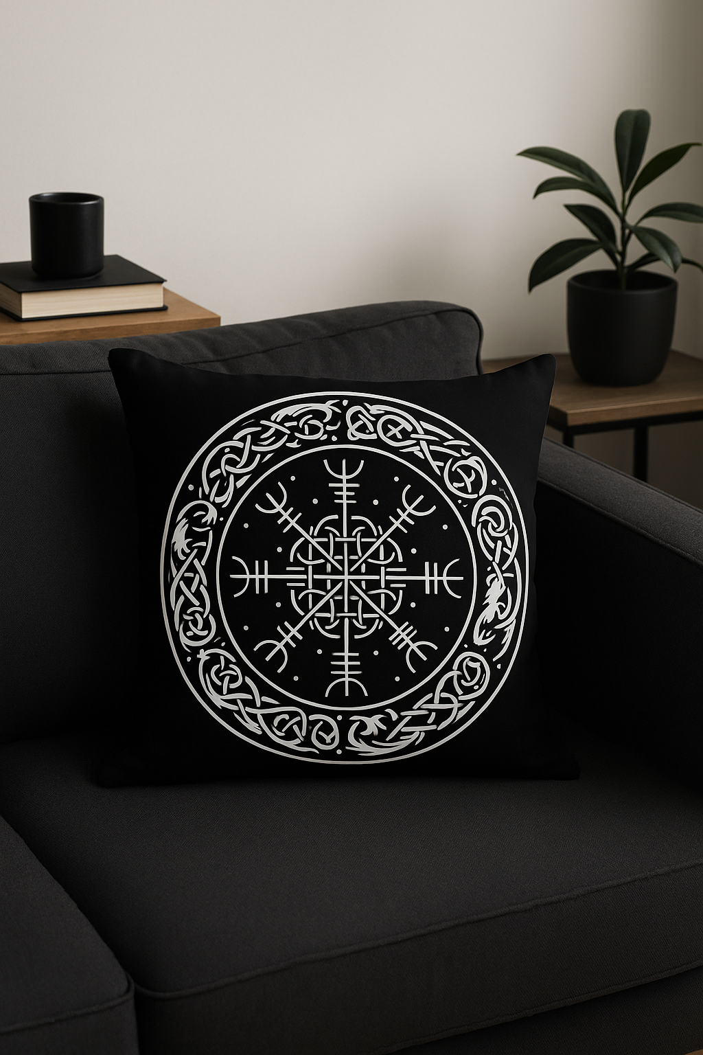 housse de coussin viking amulet motif géométrique noir et blanc - vue 3 sur 2