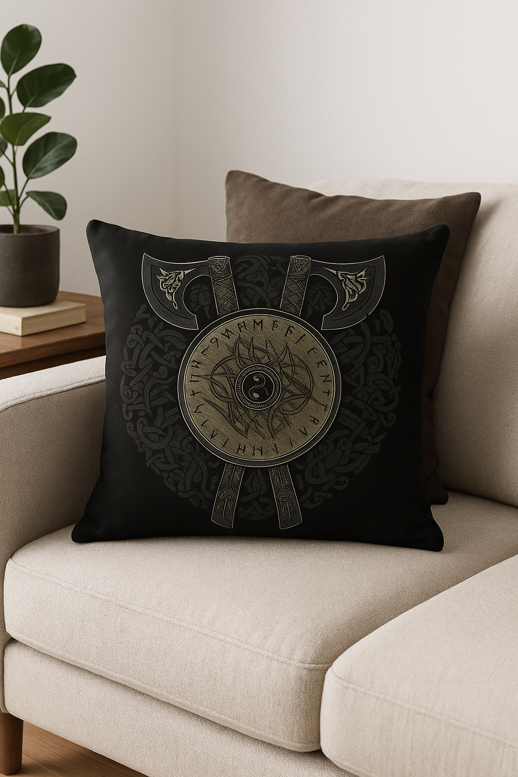 housse de coussin viking amulet motif géométrique noir et blanc - vue 3 sur 2