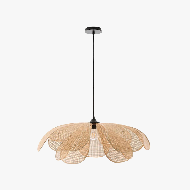 Suspension style Japonais en rotin clair pétale Led cannage