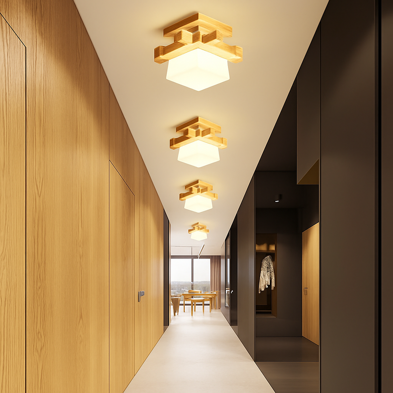 Japonais chaleureusement maison Cottage Tatami bois plafonnier Led avec abat-jour en verre couloir couloir balcon E27 plafonnier moderne