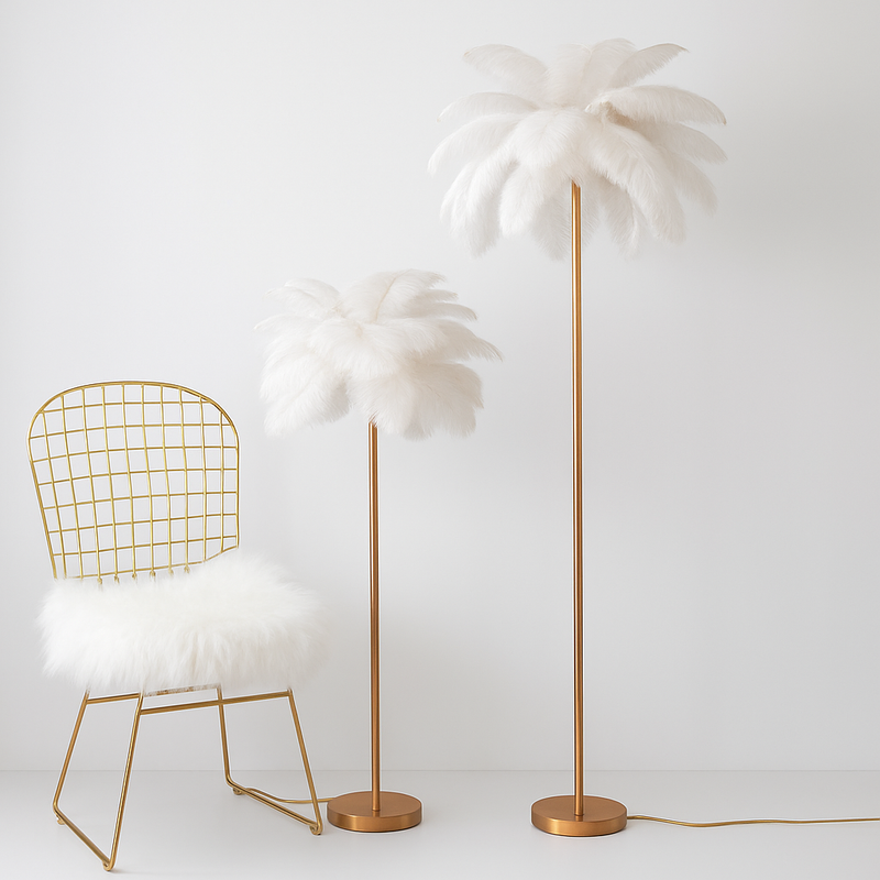 lampadaire décoratif nordique avec plumes d'autruche et éclairage led