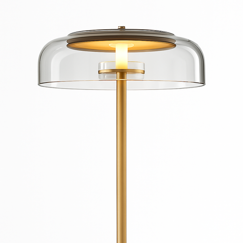 Lampadaire doré avec abat-jour en verre arrondi - vue 2 sur 5