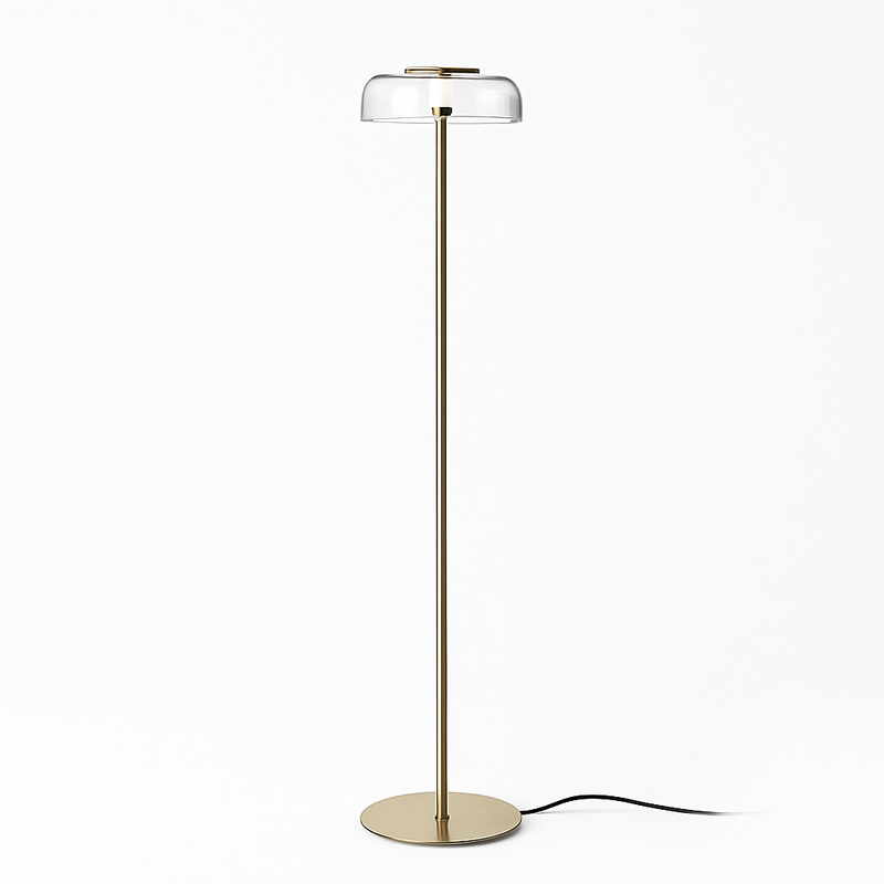 Lampadaire doré avec abat-jour en verre arrondi