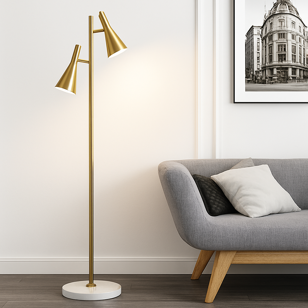 lampadaire à double led doré style vintage en marbre - vue 7 sur 8
