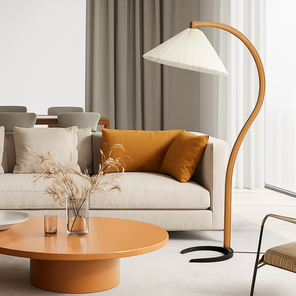 Lampadaire LED plissée en bois naturel et noyer - vue 4 sur 9