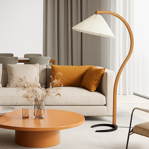 Lampadaire LED plissée en bois naturel et noyer