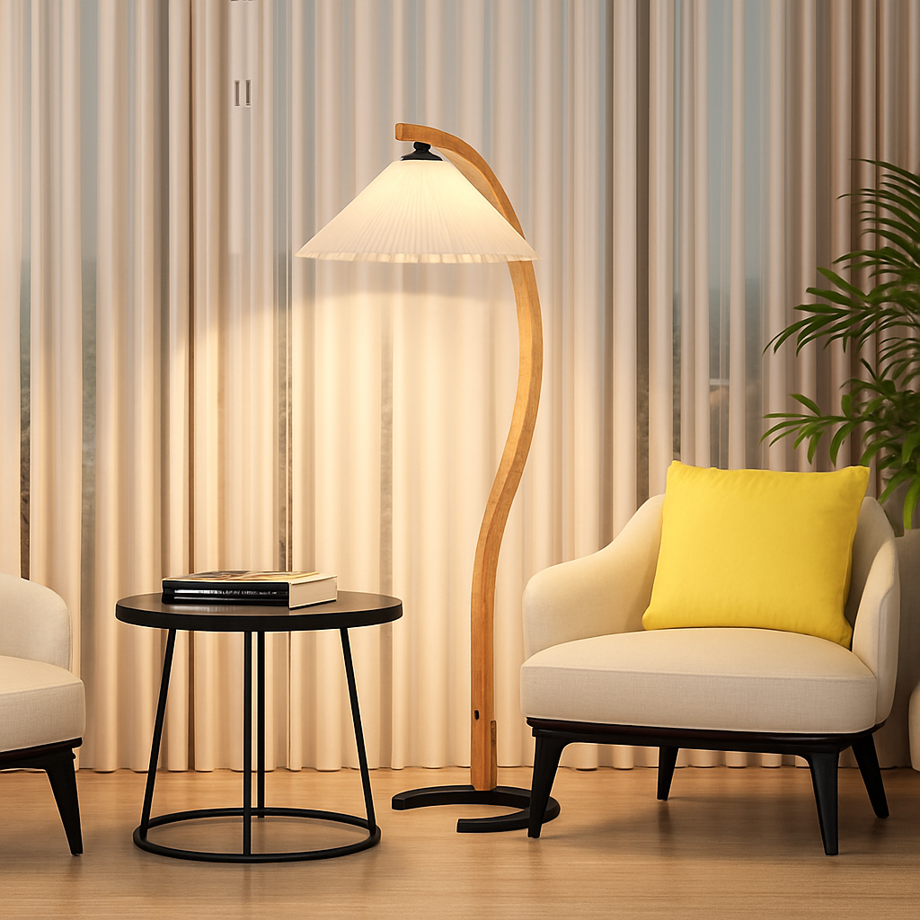 Lampadaire LED plissée en bois naturel et noyer - vue 5 sur 9