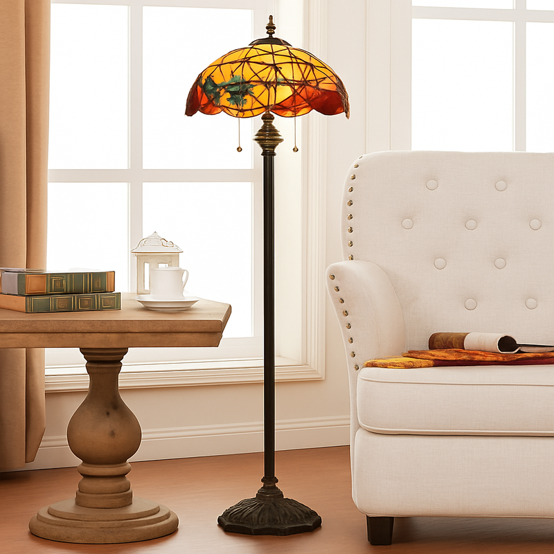 Lampadaire tiffany avec abat-jour en verre vitrail orange