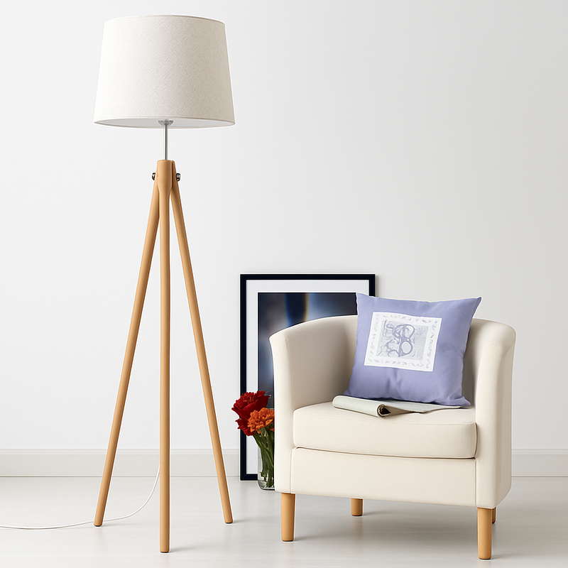 Lampadaire tripode en bois avec abat-jour en tissu Fabric