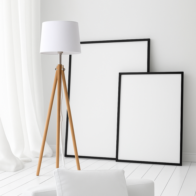 Lampadaire tripode en bois avec abat-jour en tissu Fabric