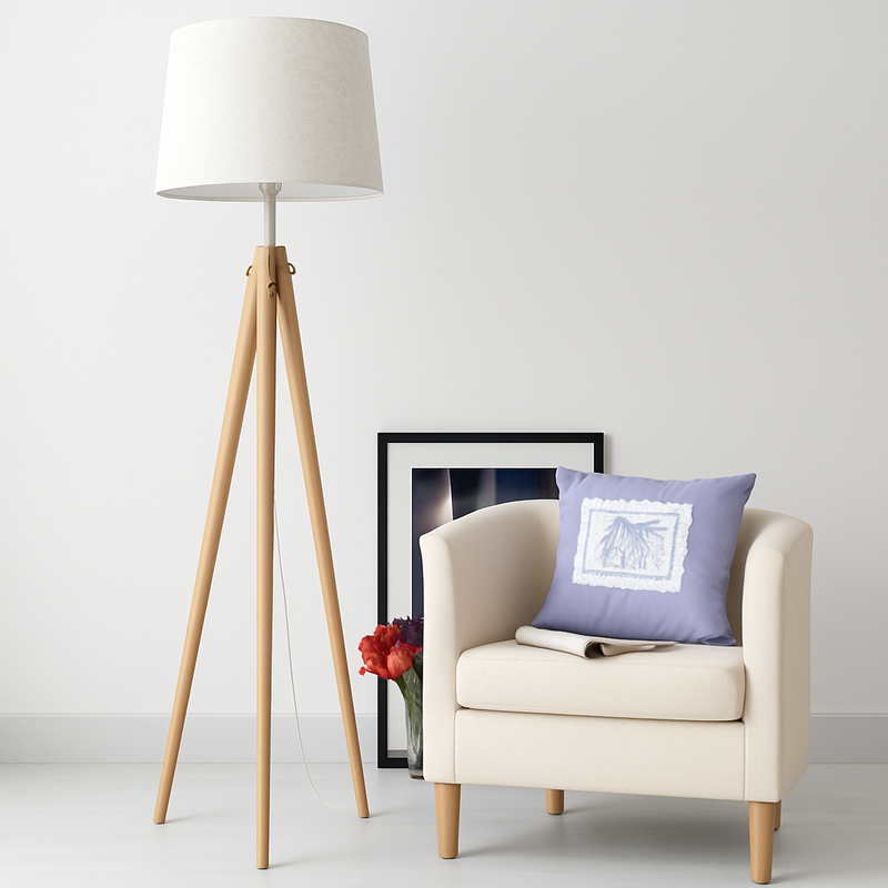 Lampadaire tripode en bois avec abat-jour en tissu Fabric