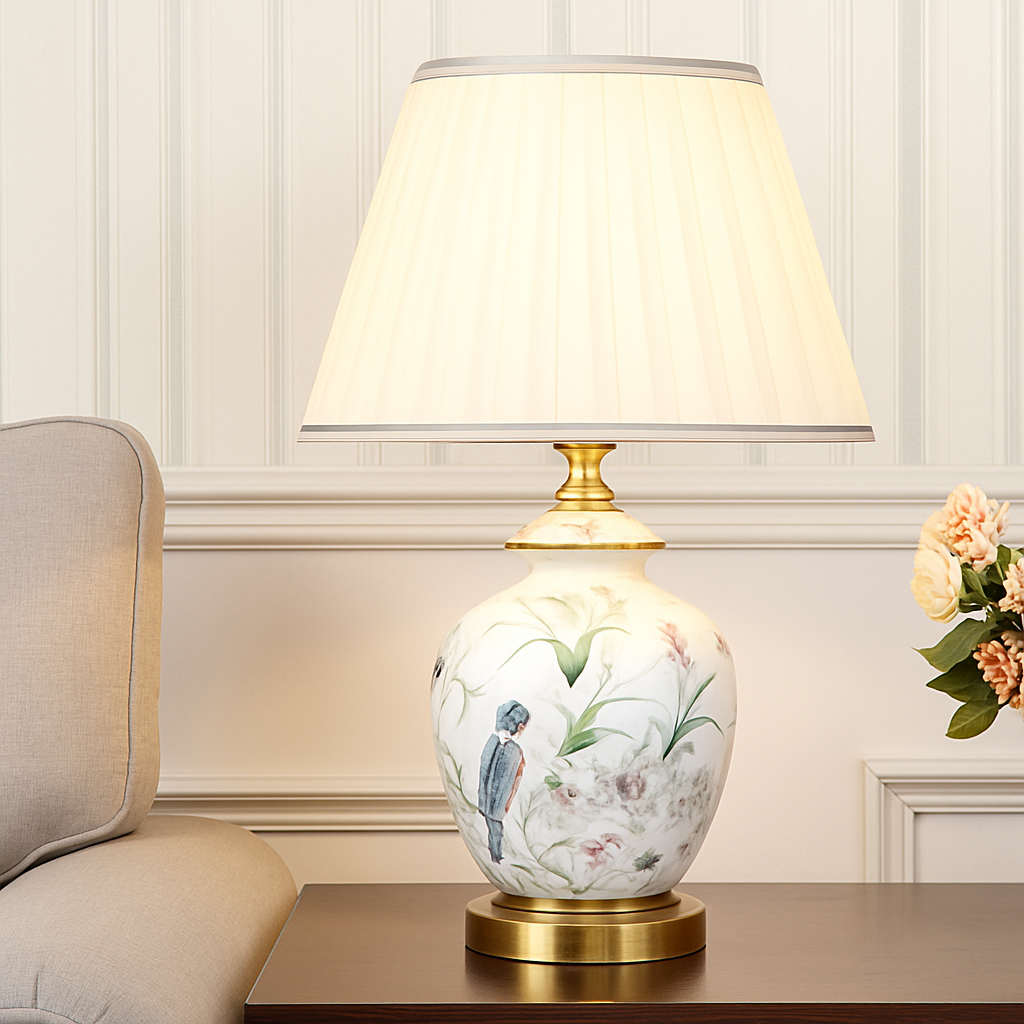 lampe de bureau céramique moderne motifs fleurs oiseaux décoration intérieure - vue 4 sur 9
