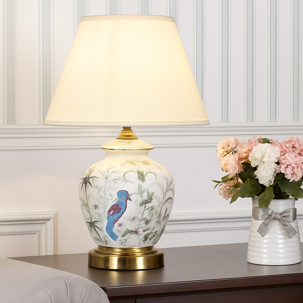 lampe de bureau céramique moderne motifs fleurs oiseaux décoration intérieure - vue 5 sur 9