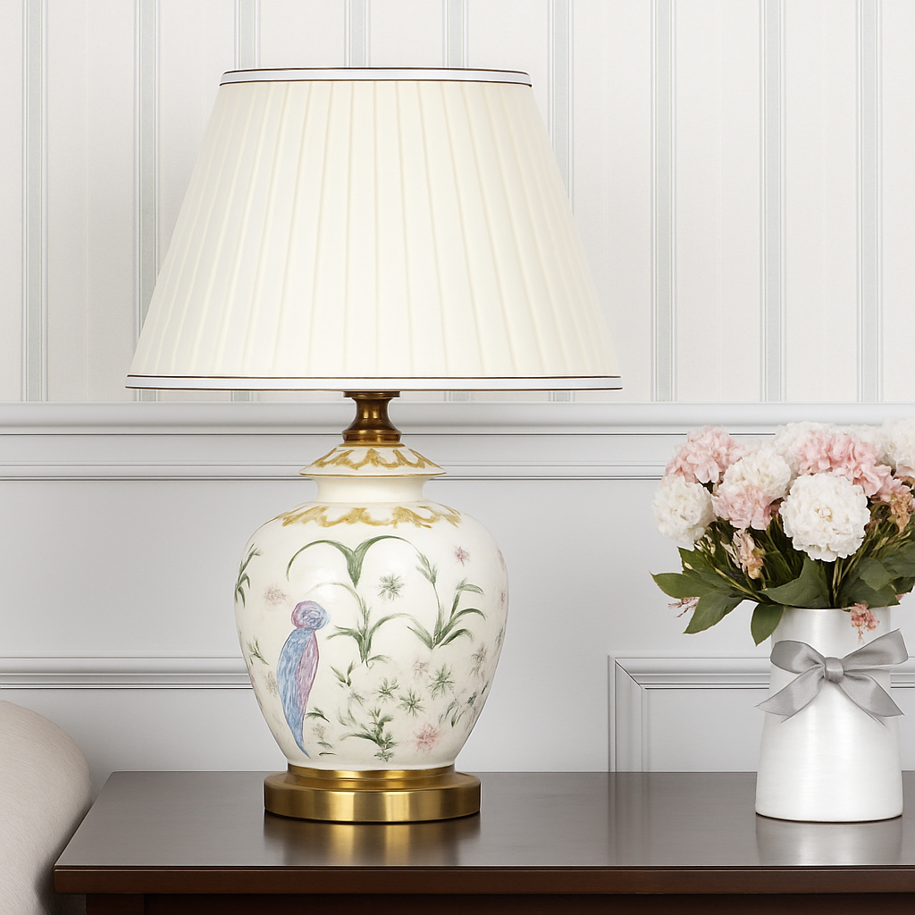lampe de bureau céramique moderne motifs fleurs oiseaux décoration intérieure - vue 6 sur 9