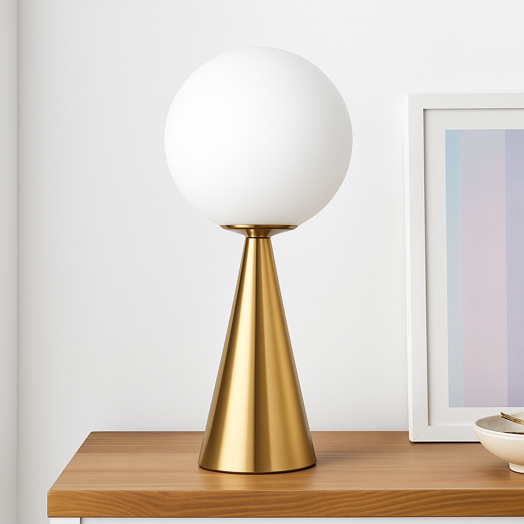 Lampe de chevet design en cône dorée et lampe en boule - vue 4 sur 6