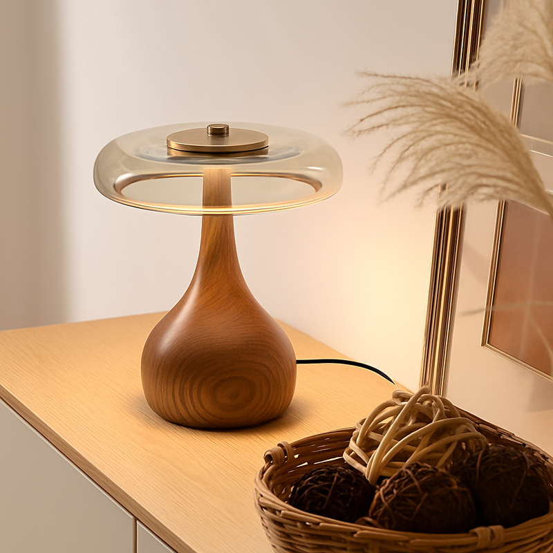 lampe de table rétro en verre et bois design japonais