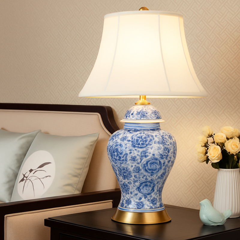 Lampe à poser LED en céramique bleu avec abat-jour blanc style Japonais