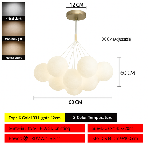 Lune Lustre Lampes Bulle Lustre Lumière pour Salon Chambre D'enfant Chambre Lampes Suspendues Or Noir G9 Ampoule AC220V - vue 9 sur 24