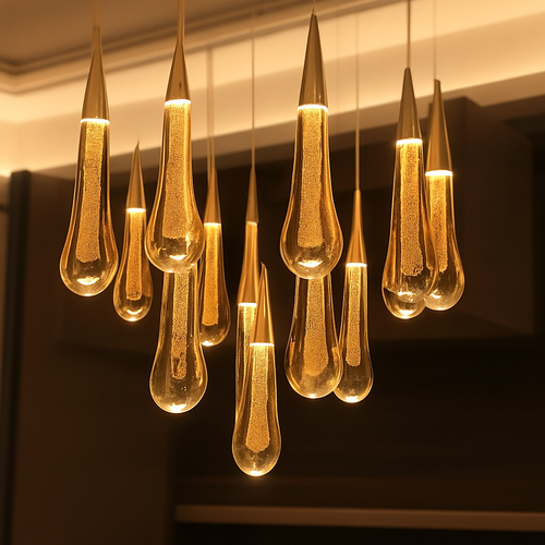lustre créatif en cristal en forme de goutte d'eau dorée rotatif