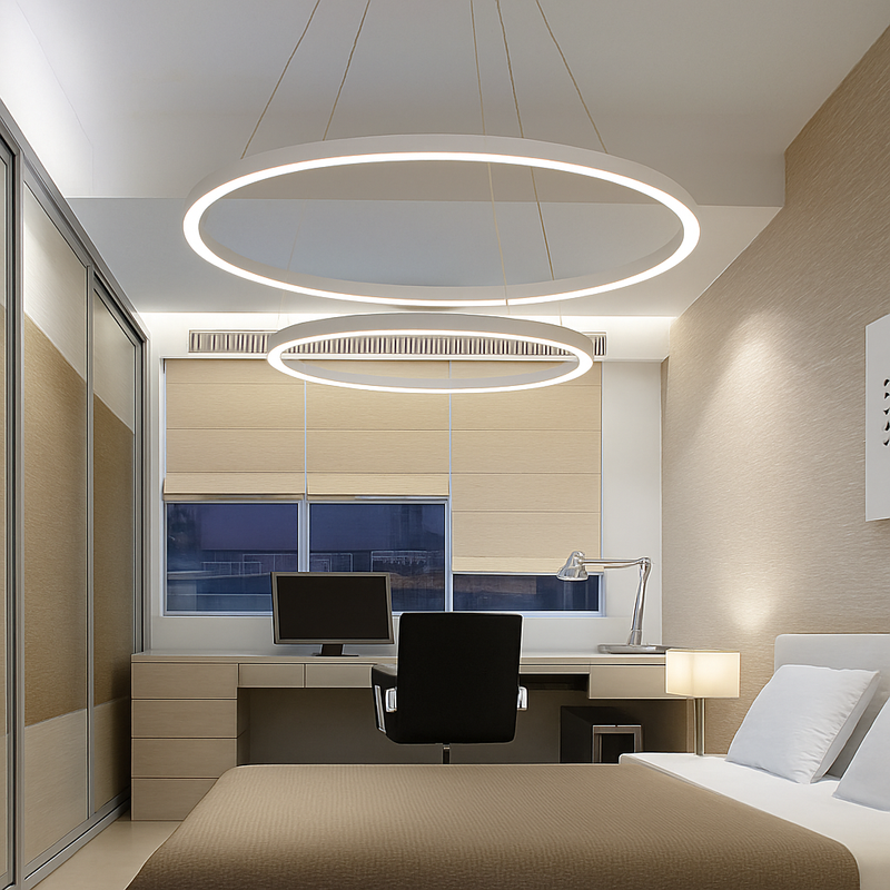 Lustre design avec anneaux imbriquées suspendus à LED