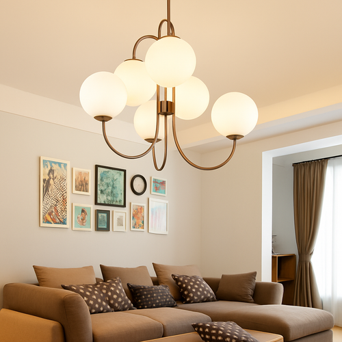 Lustre design avec branches dorées et boule de verre