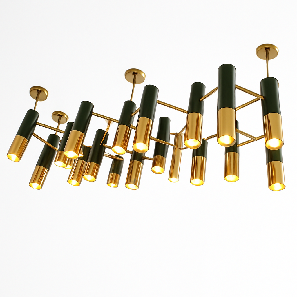 Lustre design avec tubes en métal noir et doré Italy - vue 6 sur 6