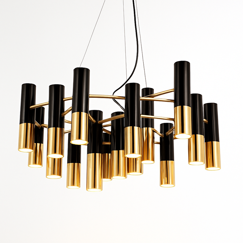Lustre design avec tubes en métal noir et doré Italy