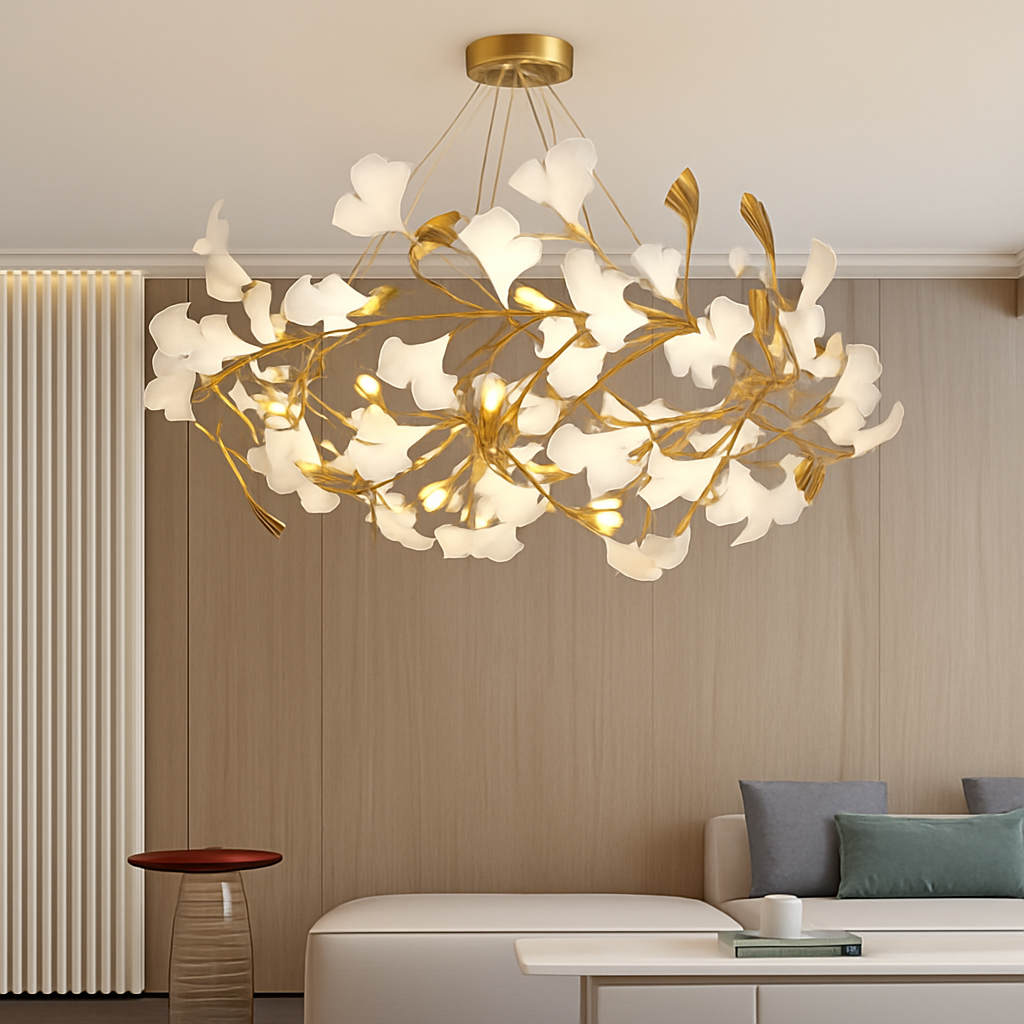 Lustre design Feuilles de céramique de luxe et Branches d'or - vue 4 sur 17