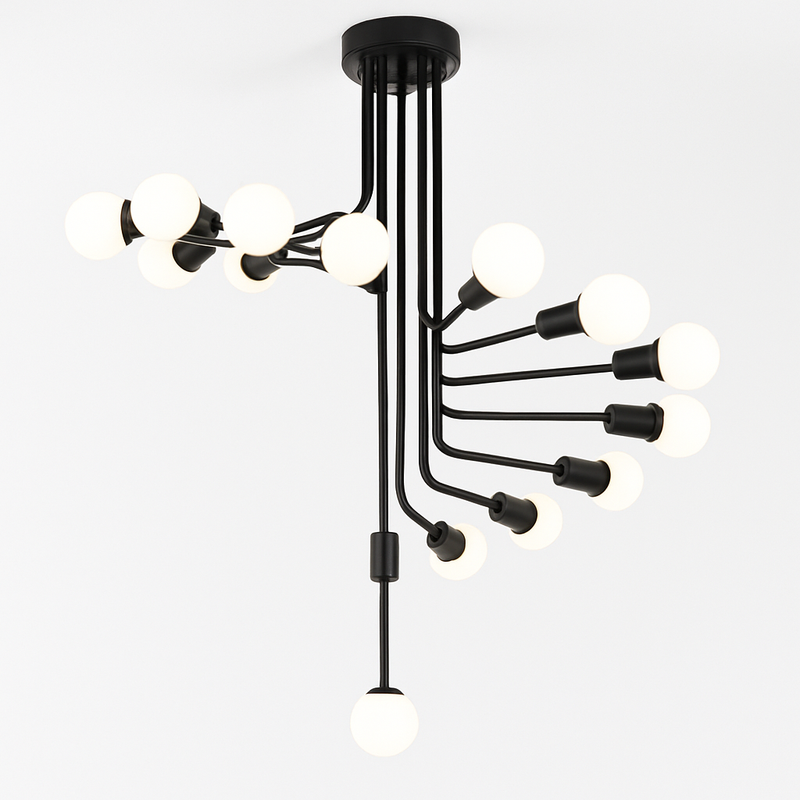 Lustre design noir avec plusieurs branches en forme d'escalier