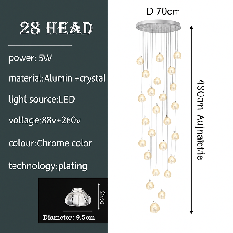 lustre en cristal design luxueux pour escalier colimaçon moderne