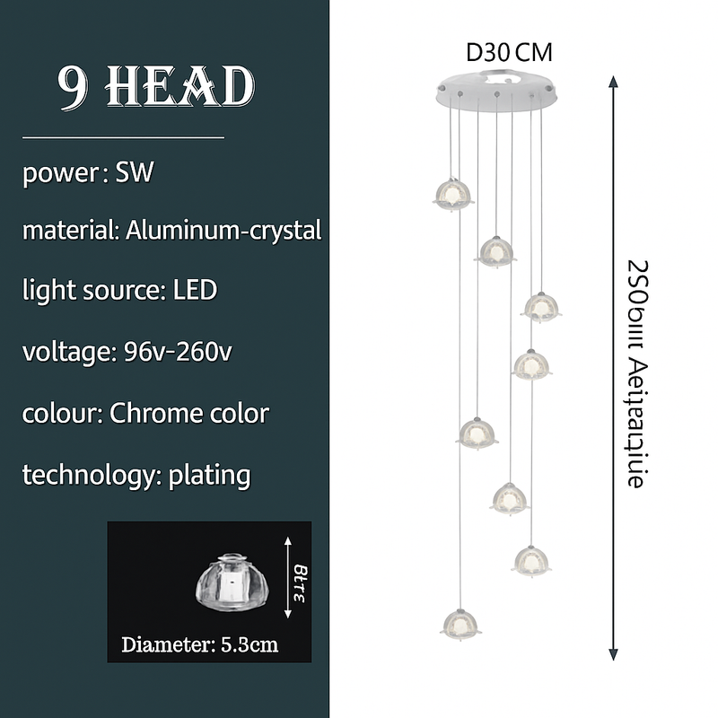 lustre en cristal design luxueux pour escalier colimaçon moderne