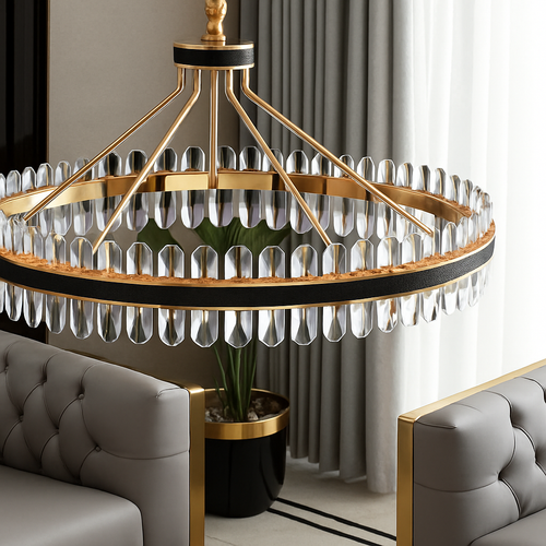 Luxury round modern leather crystal LED chandelier - vue 4 sur 24