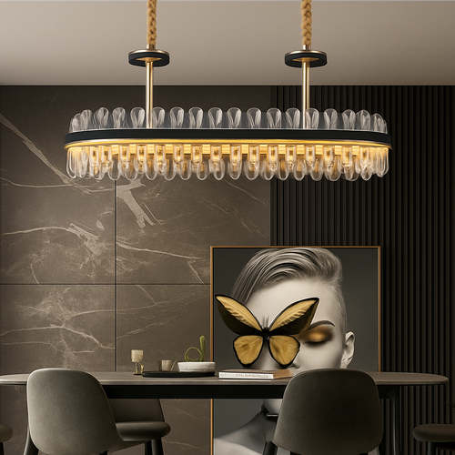 Luxury round modern leather crystal LED chandelier - vue 6 sur 24