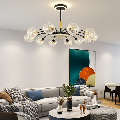 lustre led de luxe en fer avec boules de verre étoilées