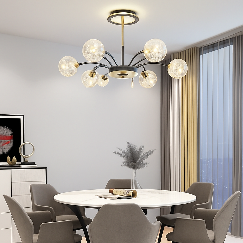 lustre led de luxe en fer avec boules de verre étoilées - vue 5 sur 16