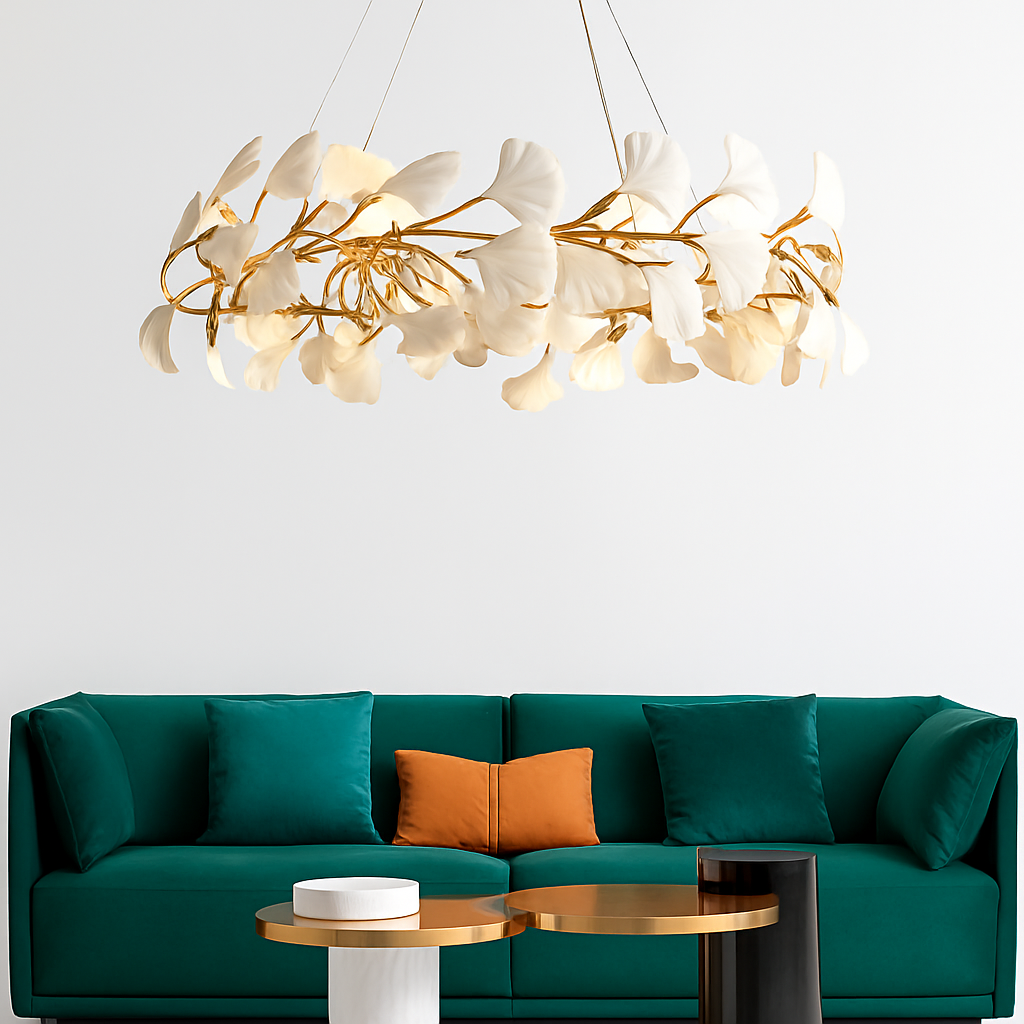 lustre led de luxe moderne en céramique motif ginkgo art villa - vue 4 sur 16