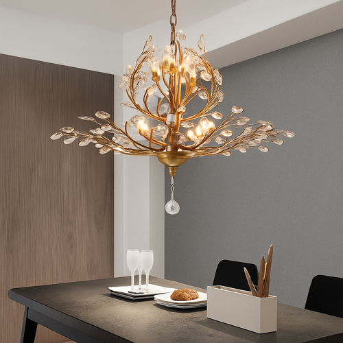 Lustre LED en cristal doré à feuilles