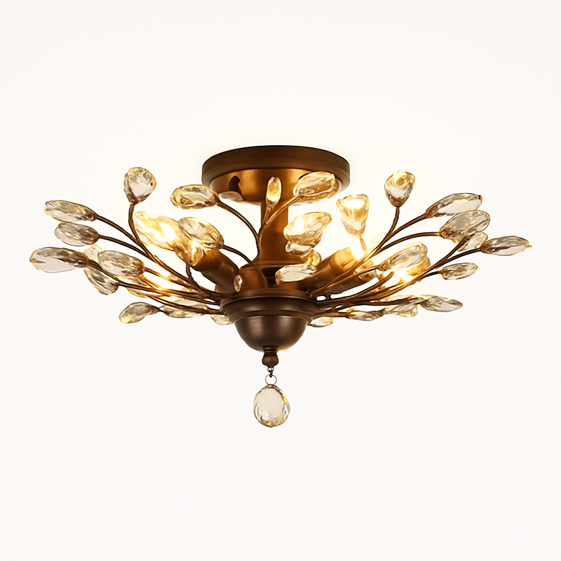Lustre LED en cristal doré à feuilles