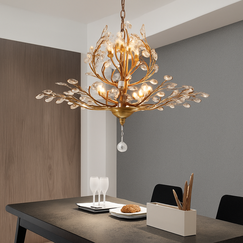 Lustre LED en cristal doré à feuilles