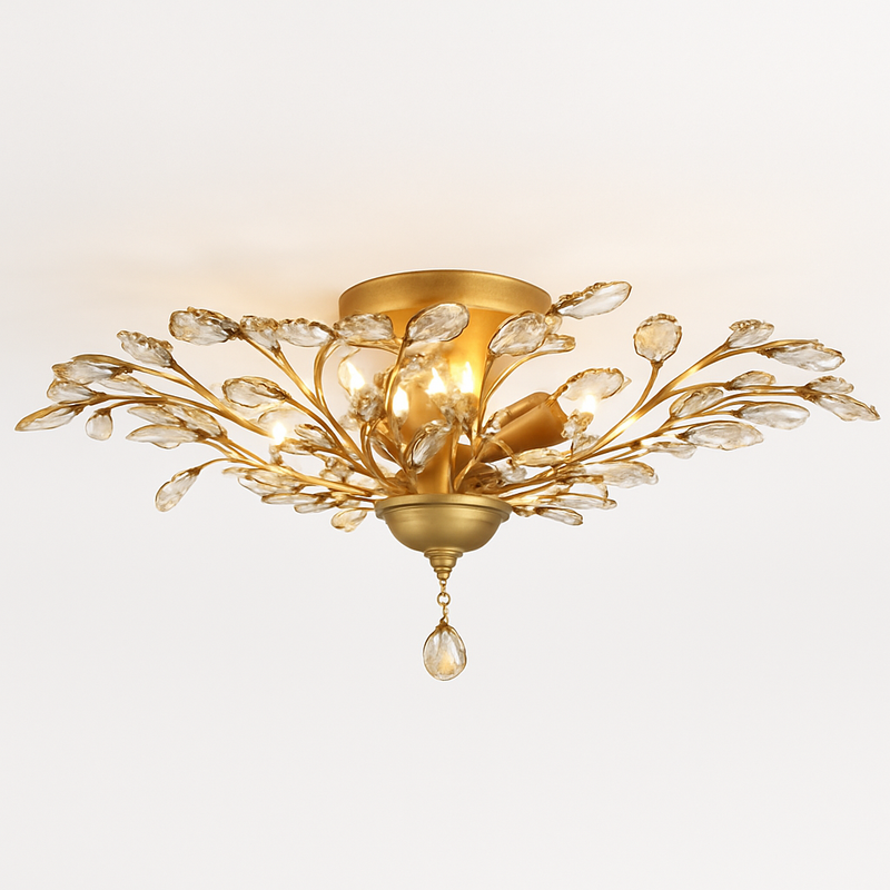 Lustre LED en cristal doré à feuilles