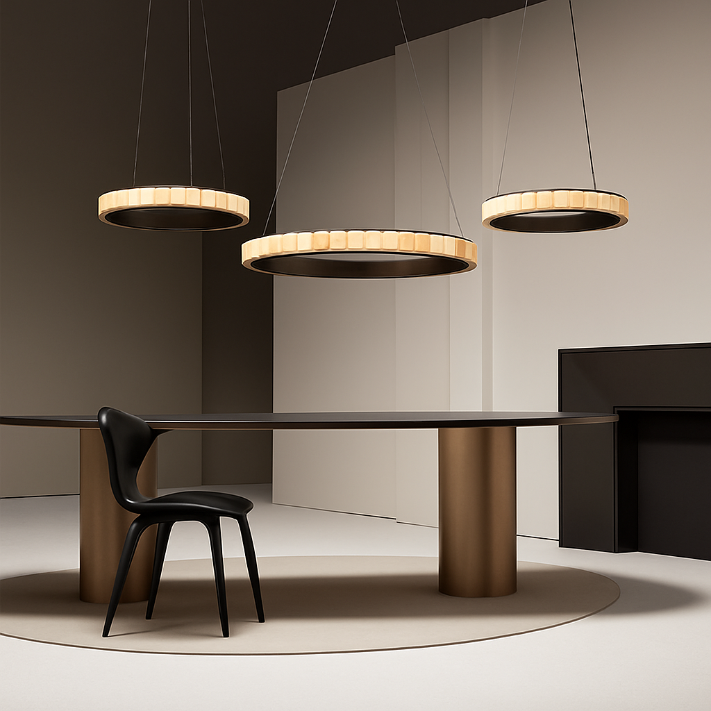 Lustre LED marbre acier inoxydable or noir rond - vue 3 sur 17