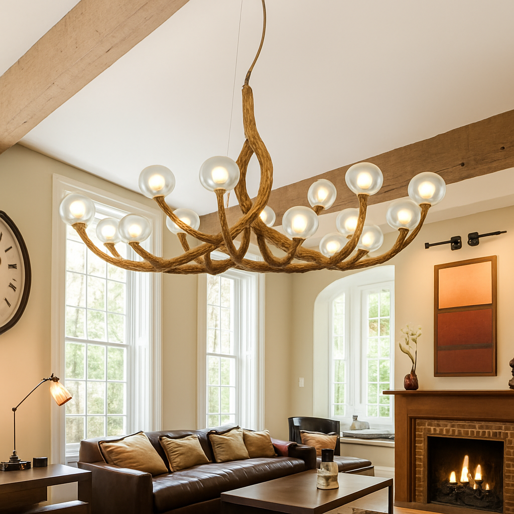 lustre nordique rétro en verre led avec branche d'arbre - vue 3 sur 9