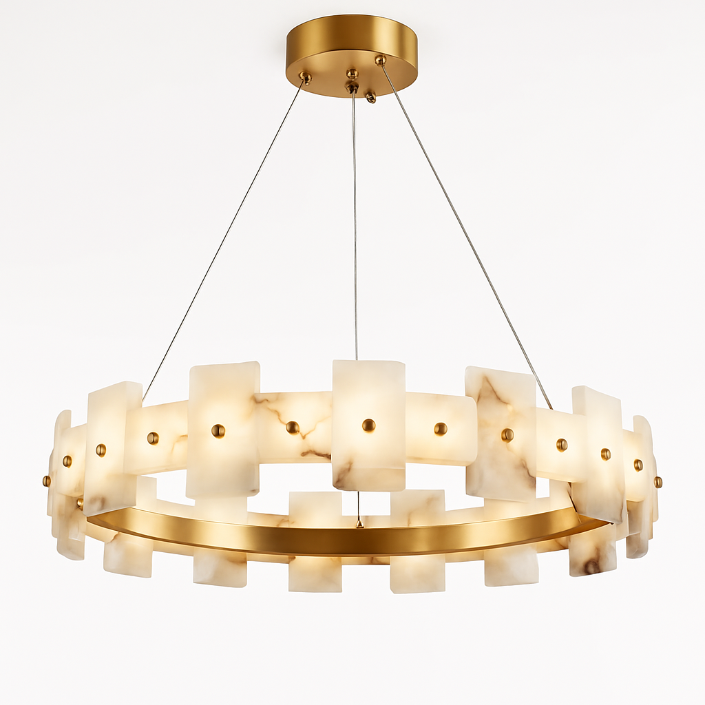 lustre rond en marbre naturel avec anneau en cuivre réglable - vue 2 sur 14