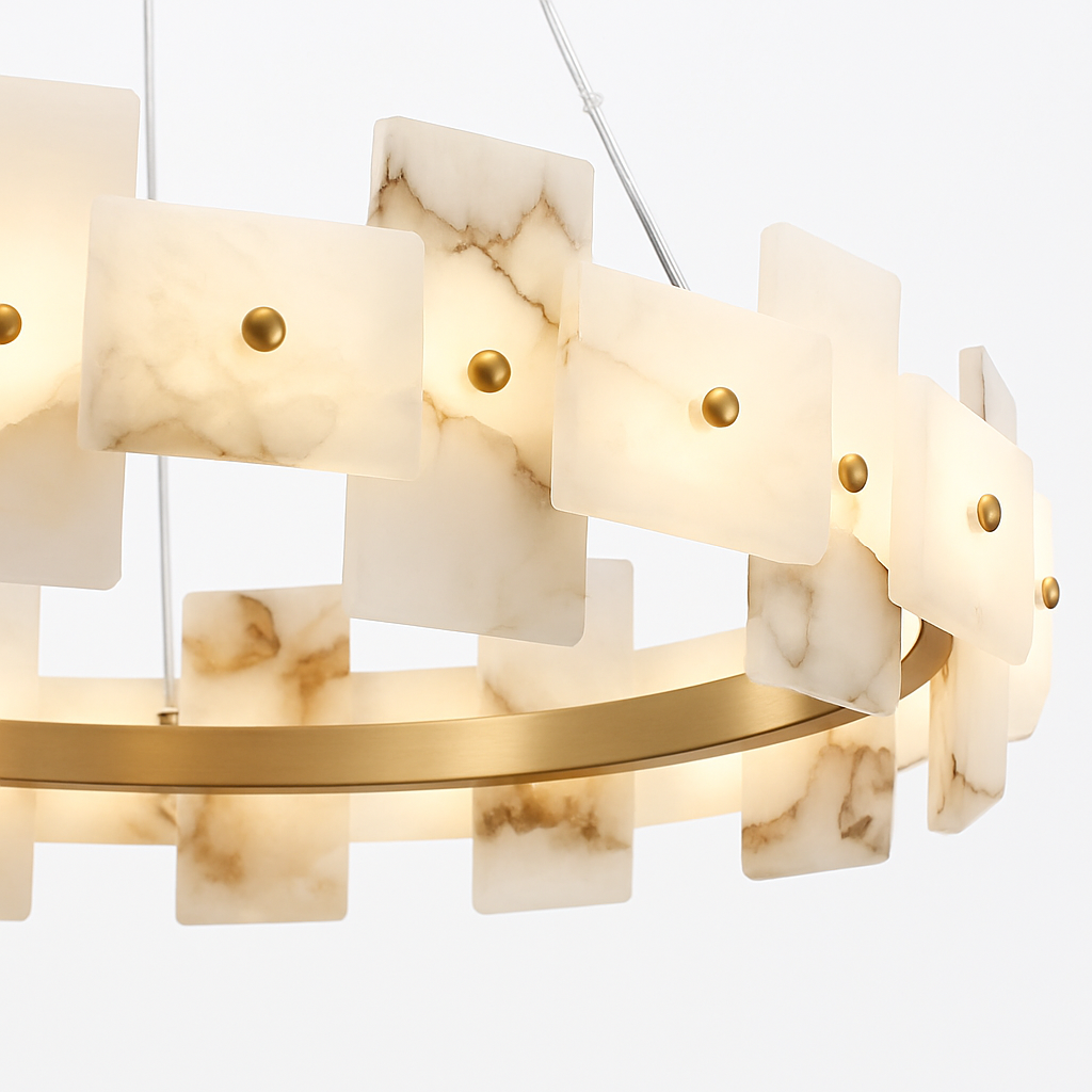 lustre rond en marbre naturel avec anneau en cuivre réglable - vue 7 sur 14