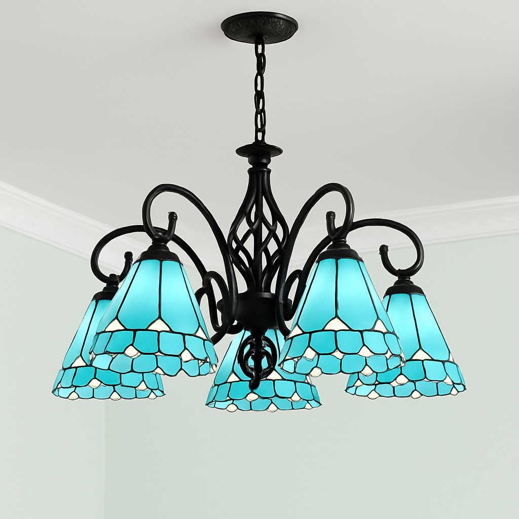 lustre tiffany méditerranéen en verre teinté pour décoration intérieure - vue 5 sur 18