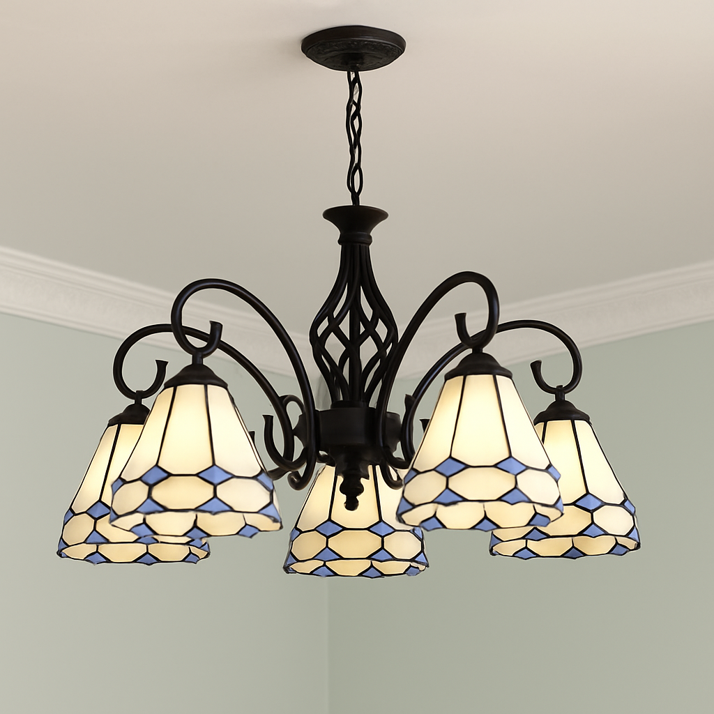 lustre tiffany méditerranéen en verre teinté pour décoration intérieure - vue 6 sur 18