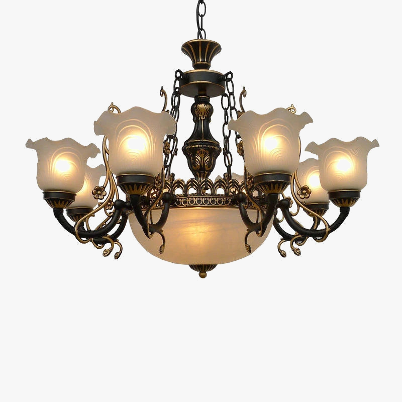 lustre vintage en fer forgé avec abat jour en verre décoratif