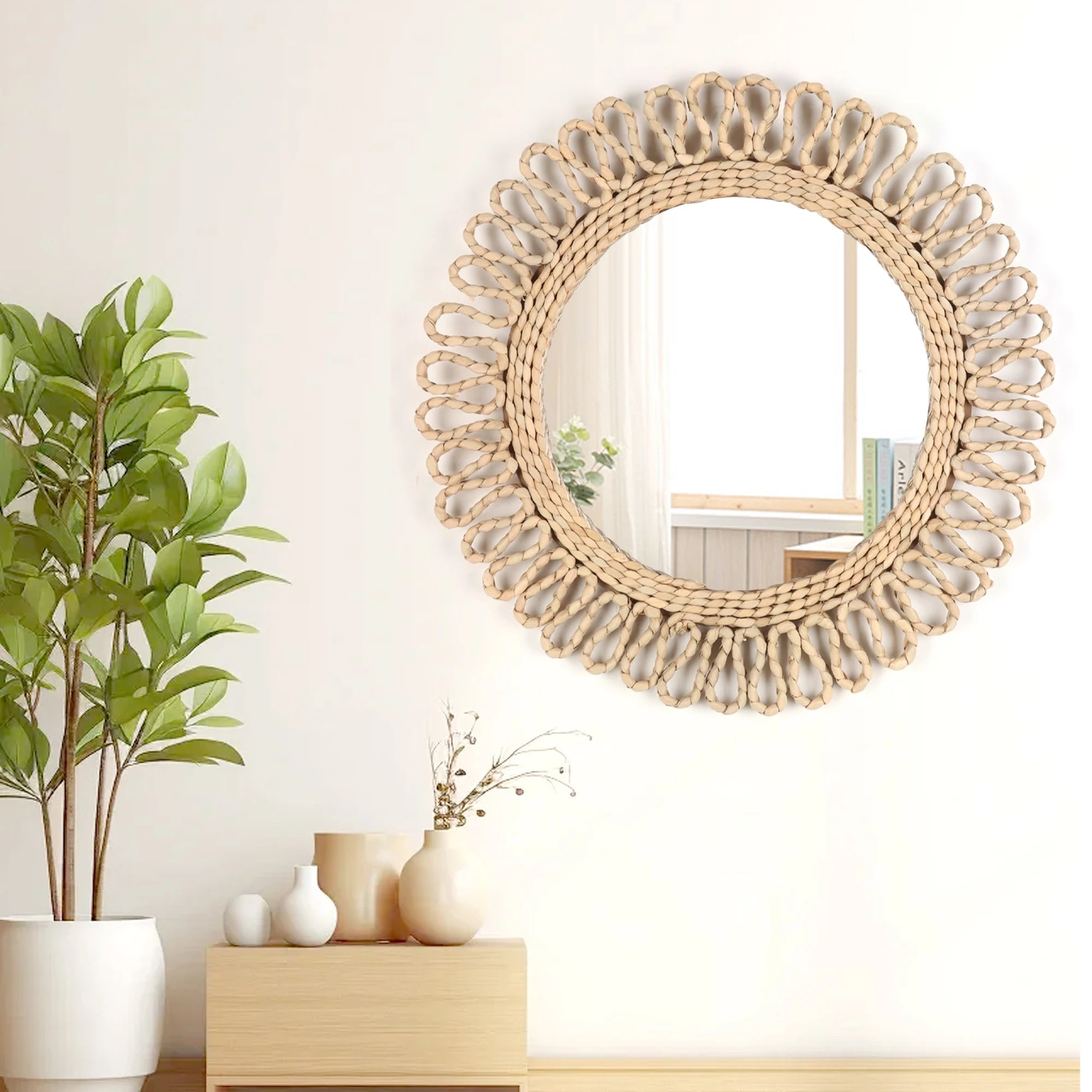 miroir mural circulaire tissé style bohème déco suspendue