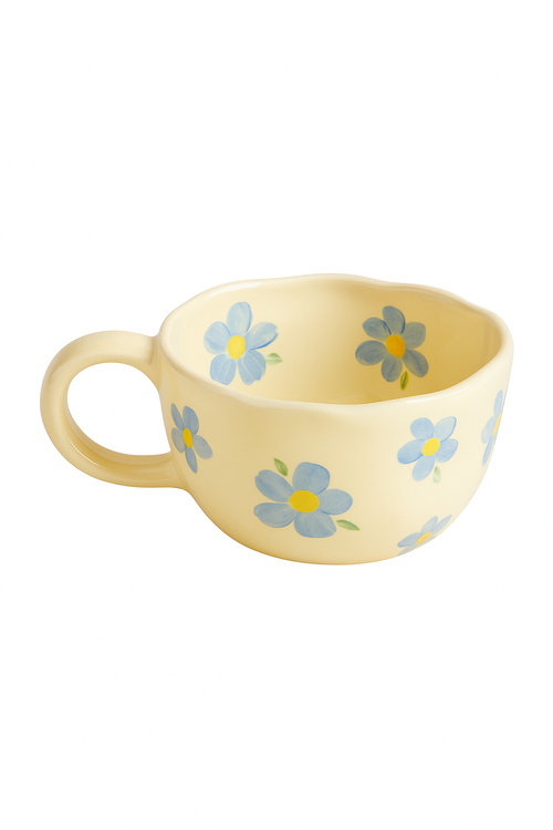 Mug ceramique artisanal motif fleurs forme irreguliere 300ml