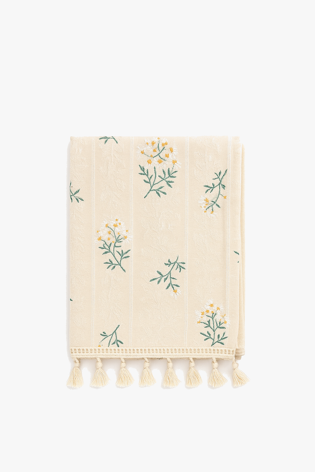 Nappe coton brodée motifs floraux style coréen pompons